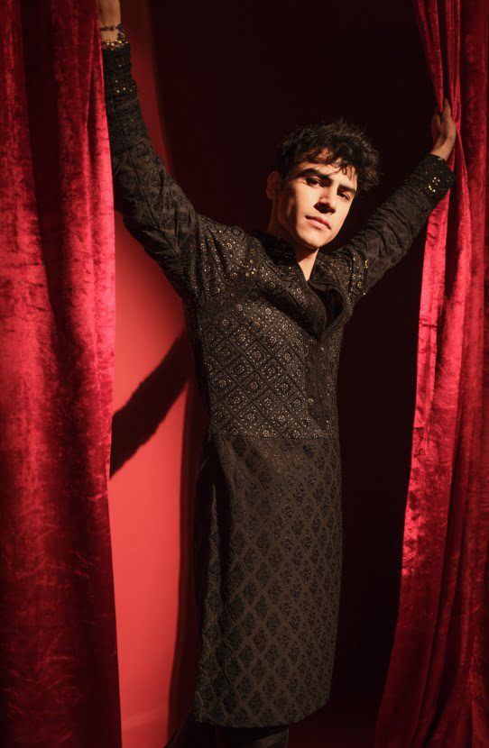 Black Chikankari Boski Kurta with Raw Silk Pants (2-Piece) - Image 3