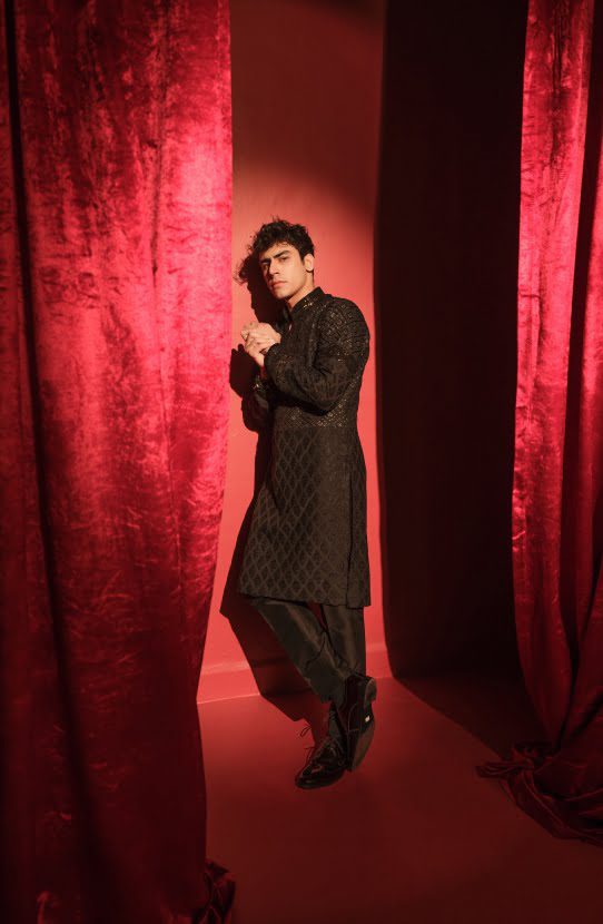 Black Chikankari Boski Kurta with Raw Silk Pants (2-Piece) - Image 4