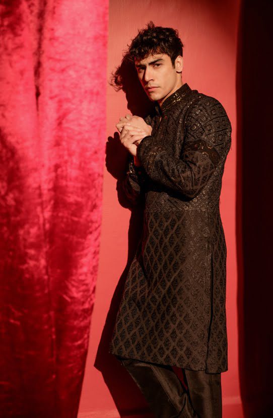 Black Chikankari Boski Kurta with Raw Silk Pants (2-Piece) - Image 5