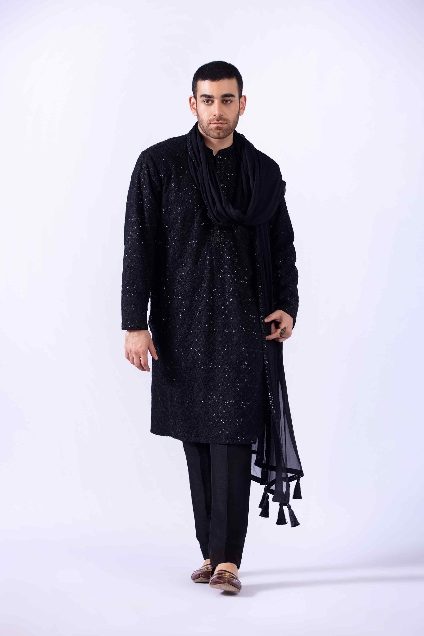 Black Zardozi Embroidered Chiffon Kurta (3-Piece) - Image 2