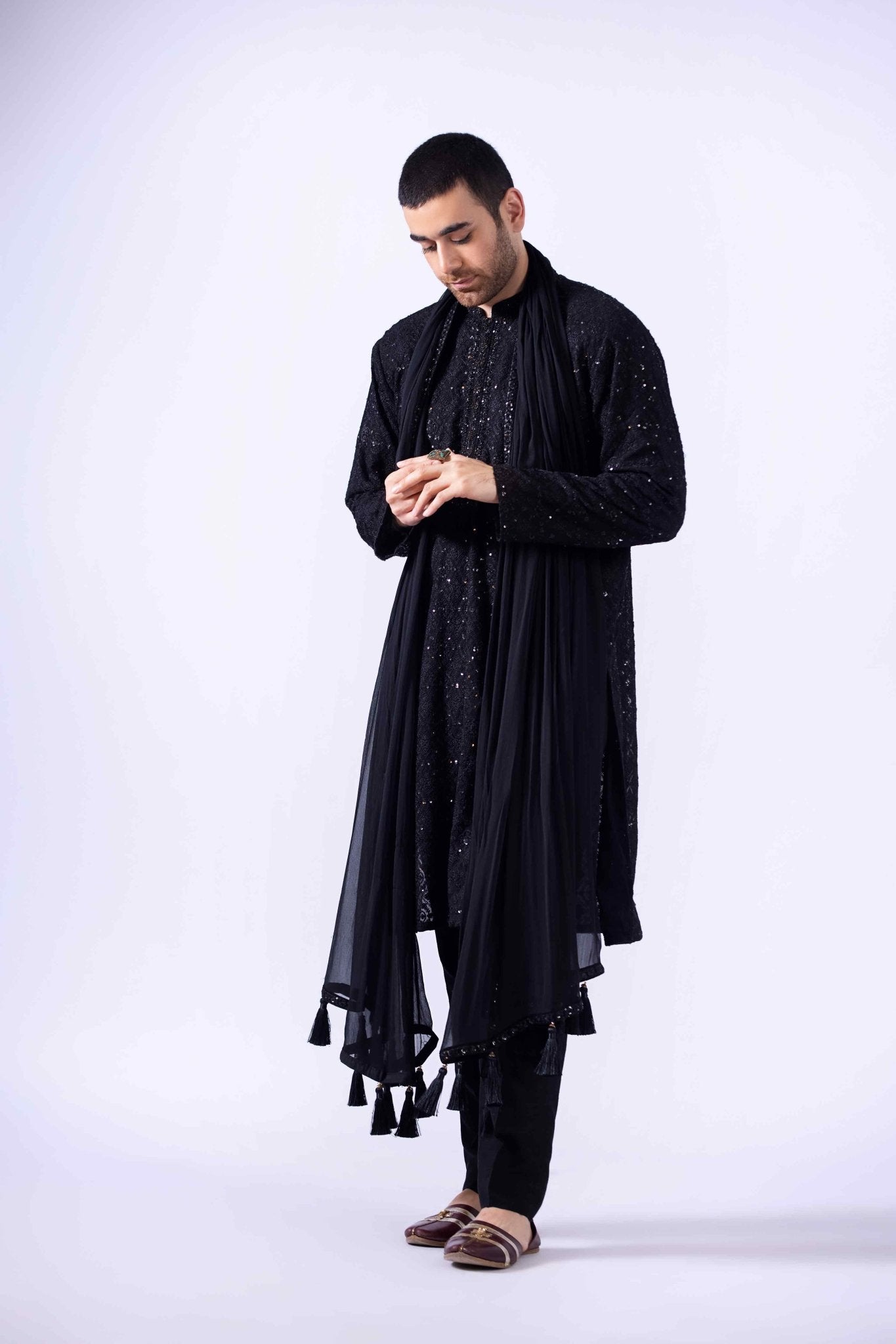 Black Zardozi Embroidered Chiffon Kurta (3-Piece) - Image 3
