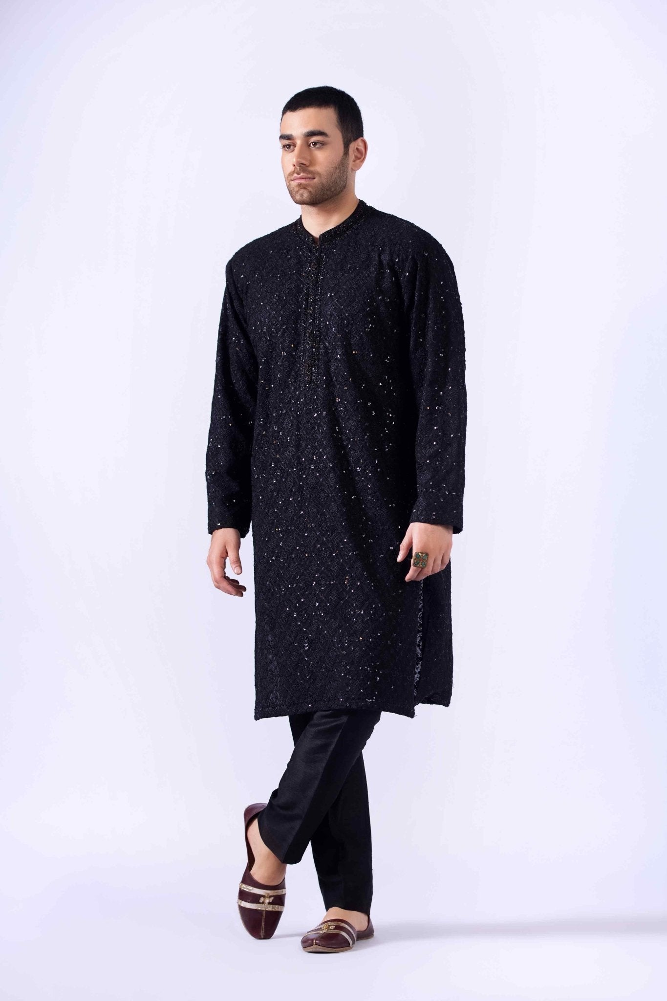 Black Zardozi Embroidered Chiffon Kurta (3-Piece) - Image 6