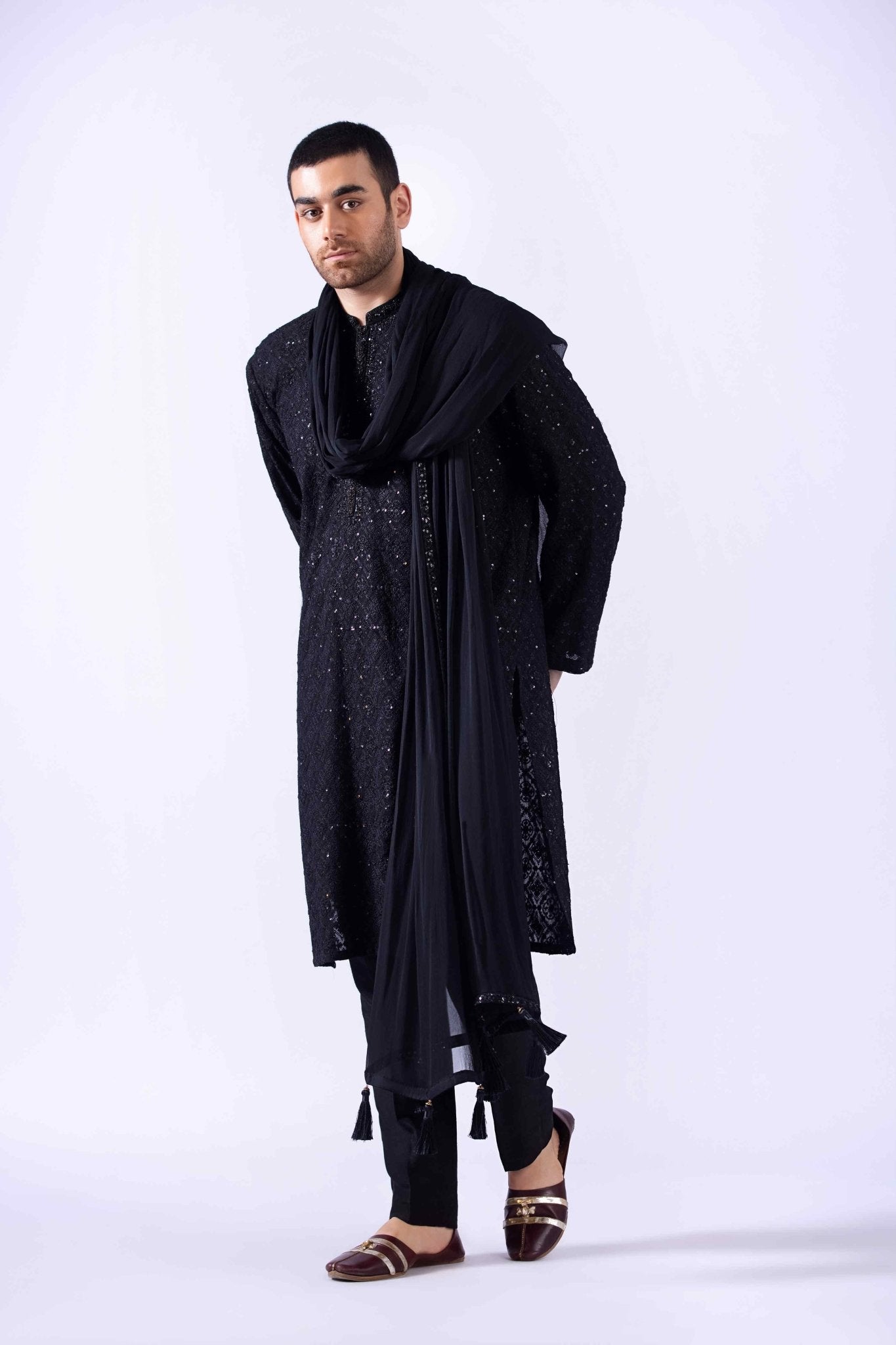 Black Zardozi Embroidered Chiffon Kurta (3-Piece) - Image 7