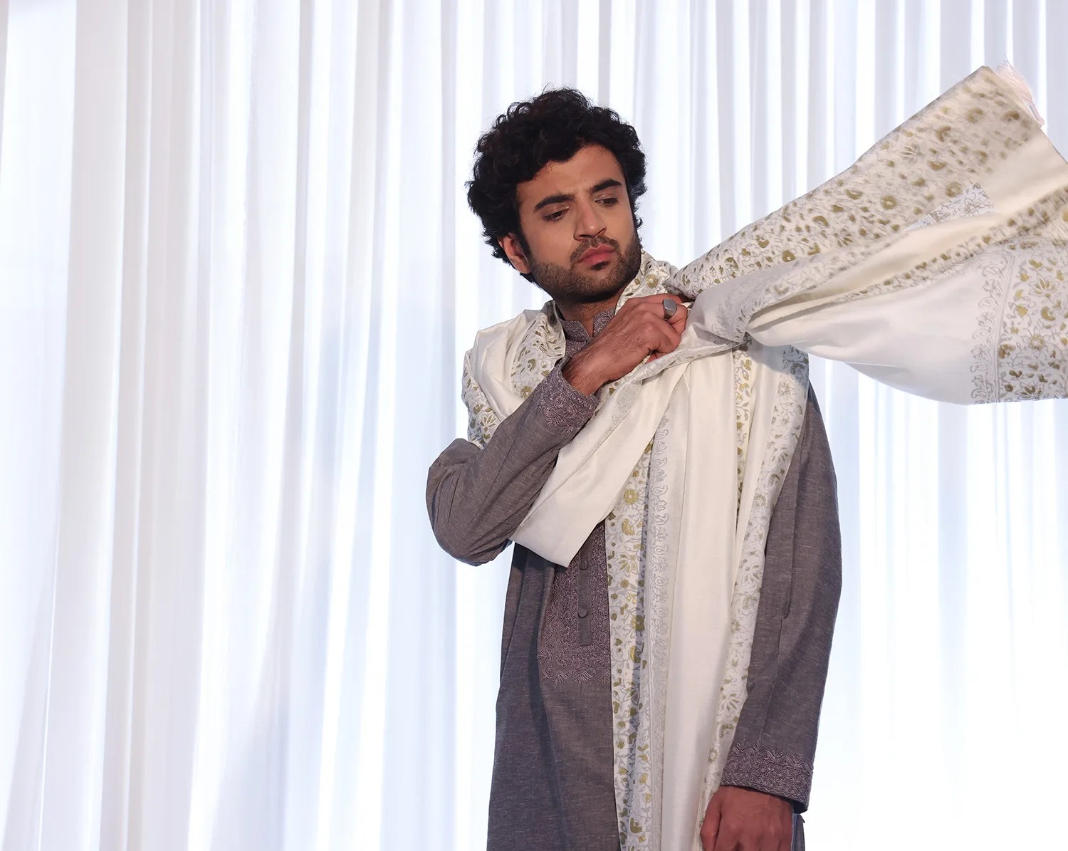 Fog Black Embroidered Cotton-Silk Kurta (3-Piece) - Image 2