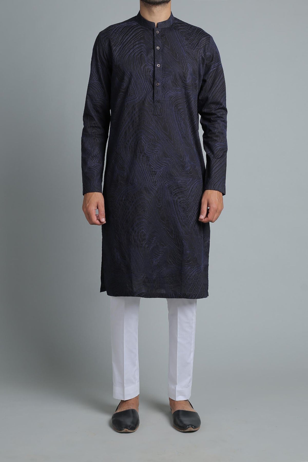 Black Embroidered Egyptian Cotton Kurta (1-Pc) - Image 1