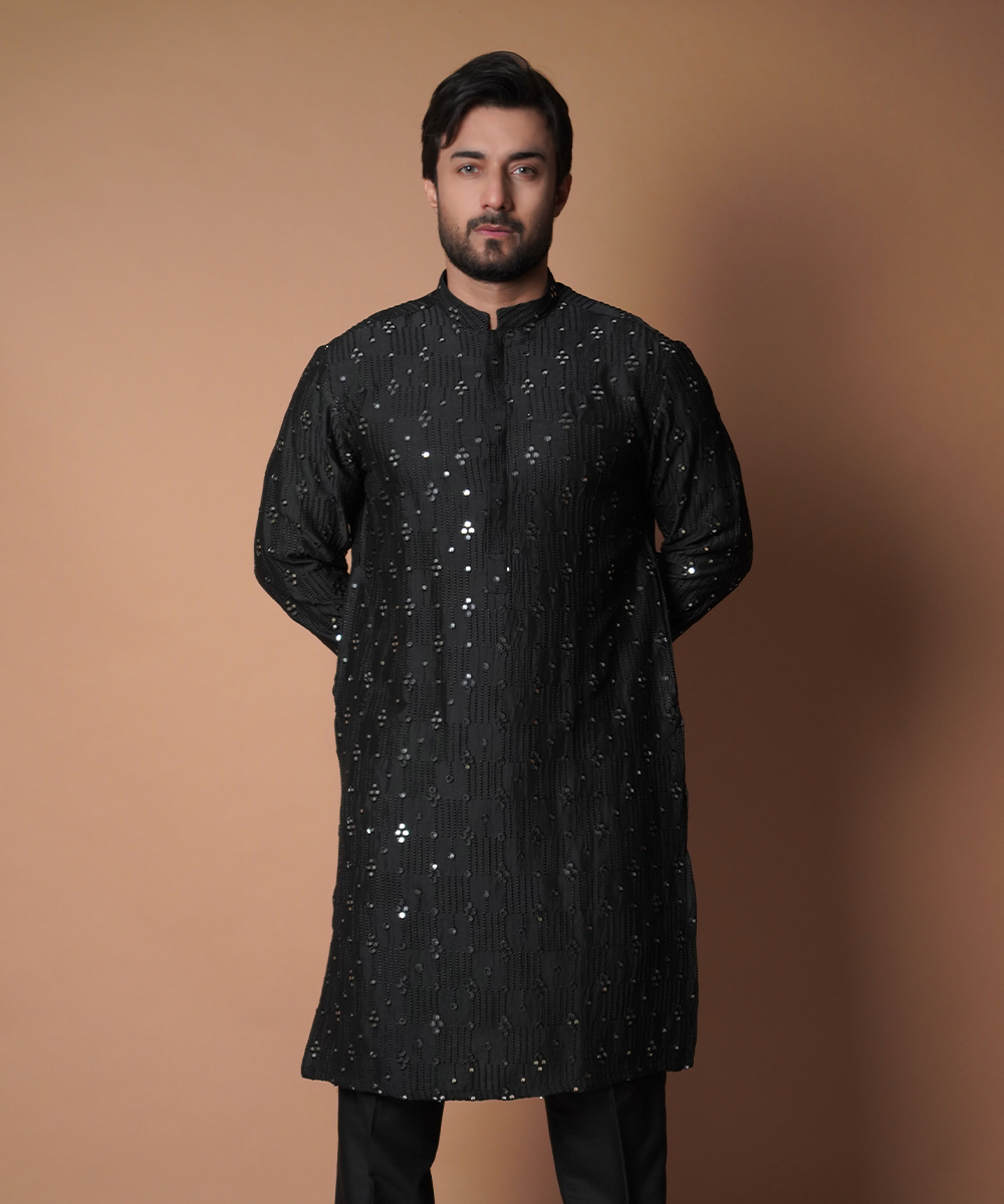 Jet Black Mirror Work Silk Kurta (2-Piece) - Image 1
