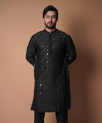 Jet Black Mirror Work Silk Kurta (2-Piece) - Image 2