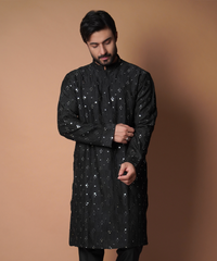 Jet Black Mirror Work Silk Kurta (2-Piece) - Image 3
