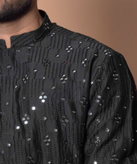 Jet Black Mirror Work Silk Kurta (2-Piece) - Image 4