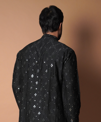 Jet Black Mirror Work Silk Kurta (2-Piece) - Image 5