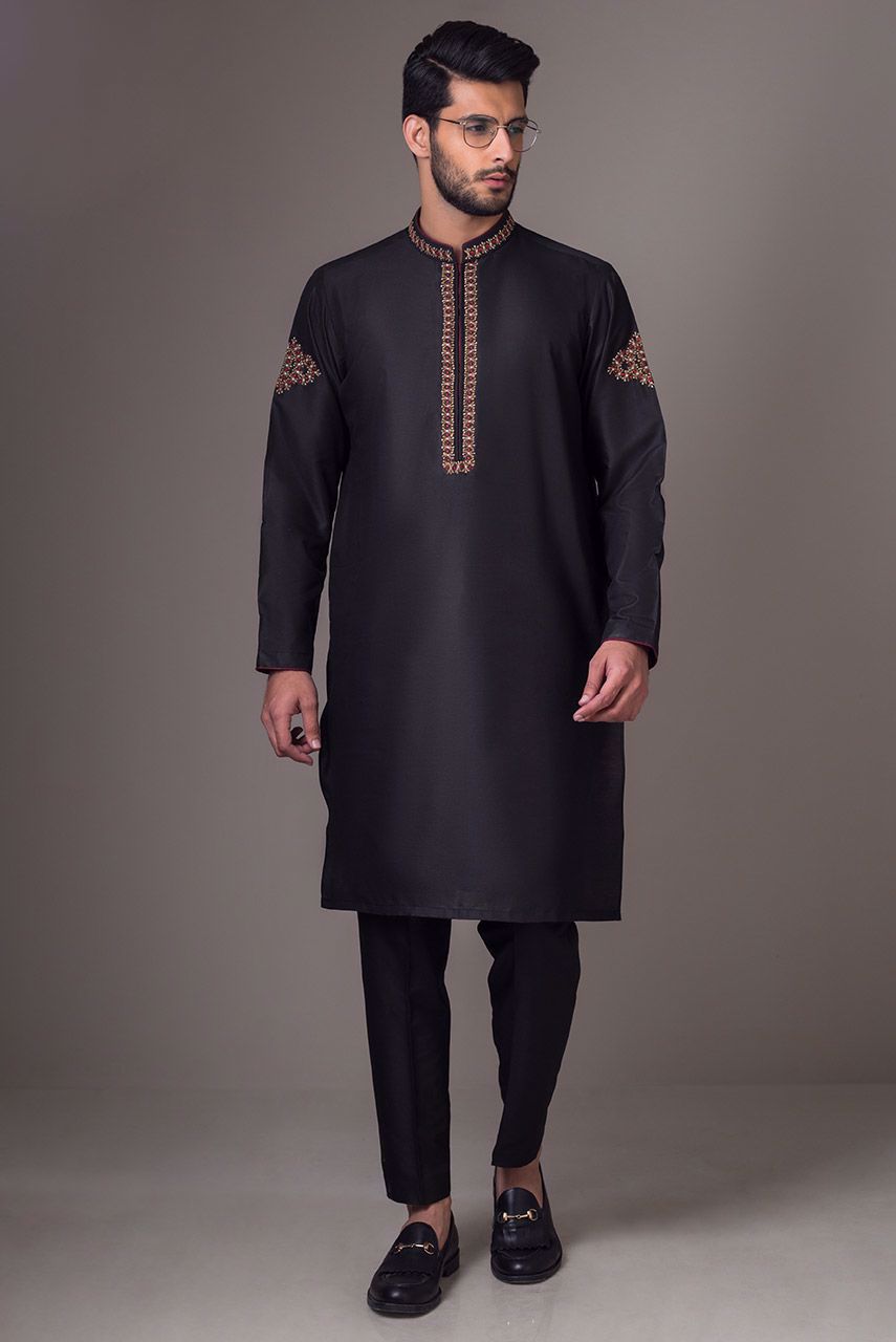Black Embroidered Cotton Silk Kurta Pajama (2-Piece) - Image 1