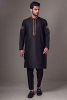 Black Embroidered Cotton Silk Kurta Pajama (2-Piece) - Image 2