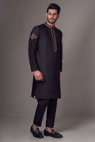 Black Embroidered Cotton Silk Kurta Pajama (2-Piece) - Image 3