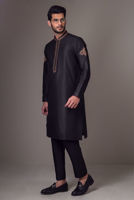 Black Embroidered Cotton Silk Kurta Pajama (2-Piece) - Image 4