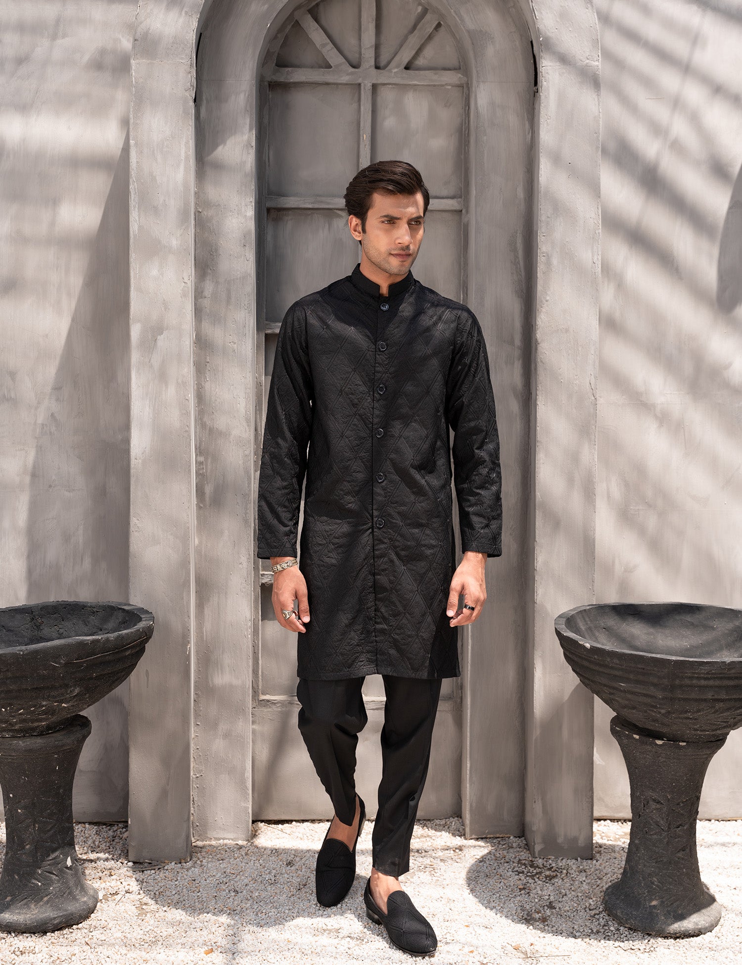 Black Embroidered Wash & Wear Kurta Pajama (2-Piece) - Image 1