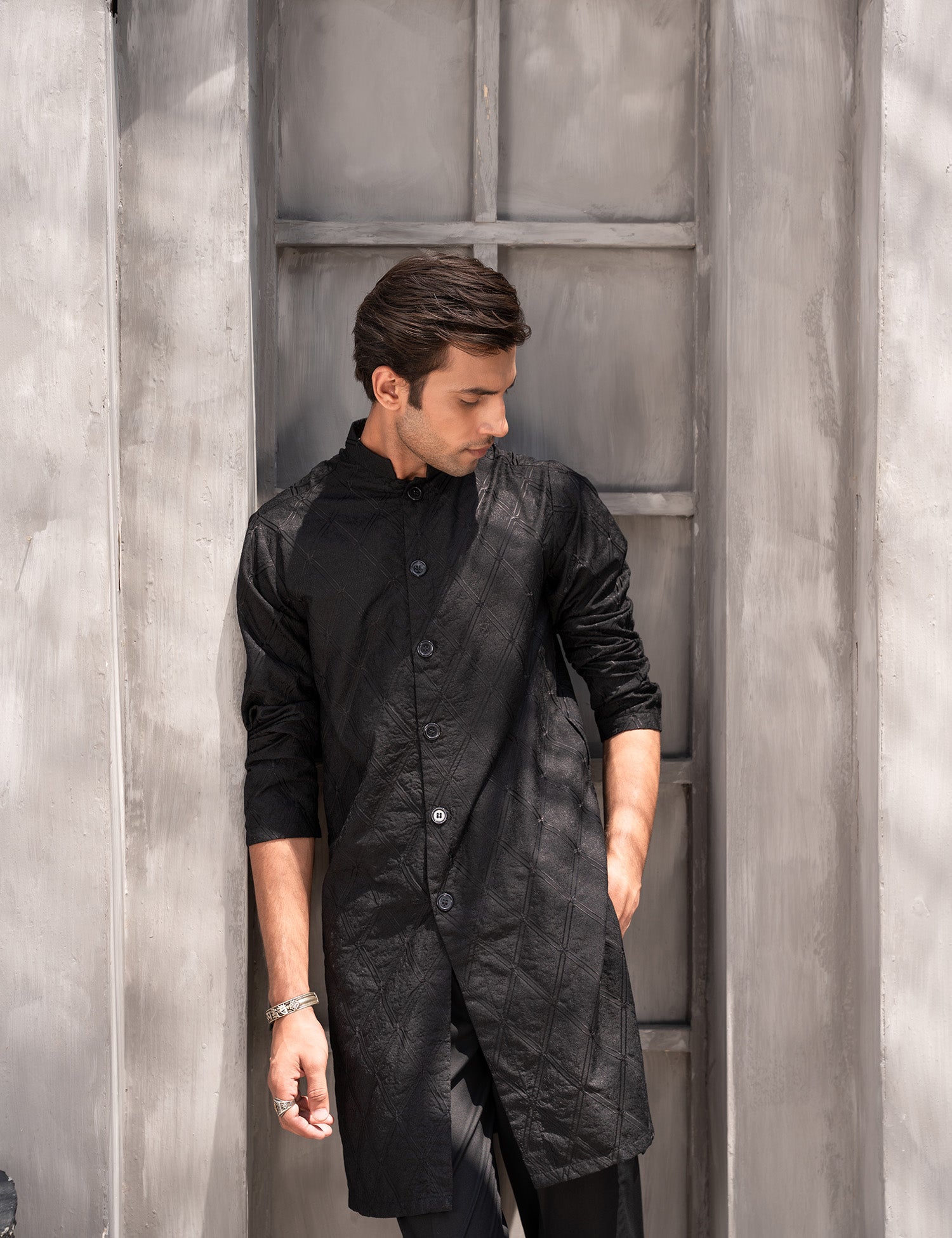 Black Embroidered Wash & Wear Kurta Pajama (2-Piece) - Image 3