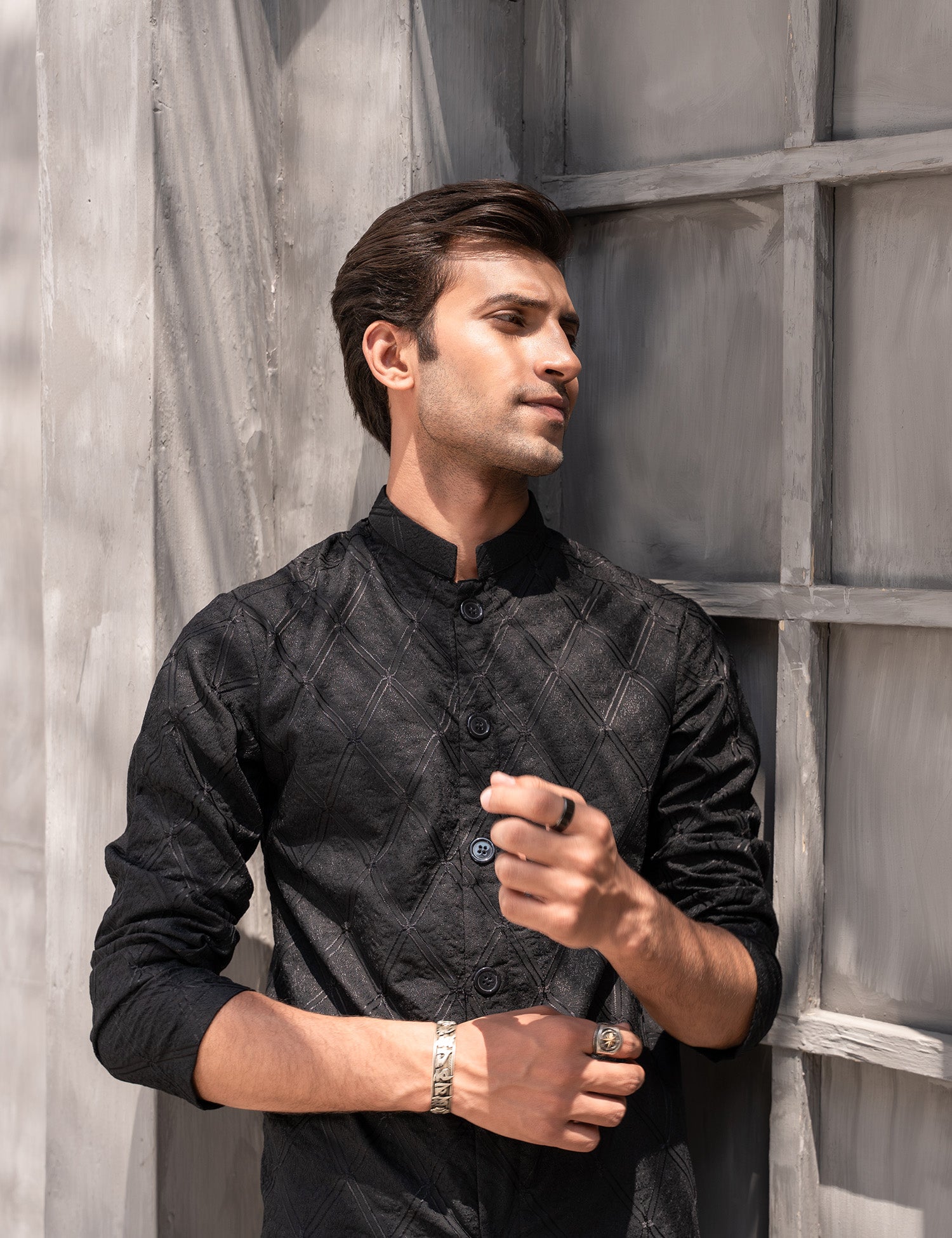 Black Embroidered Wash & Wear Kurta Pajama (2-Piece) - Image 5