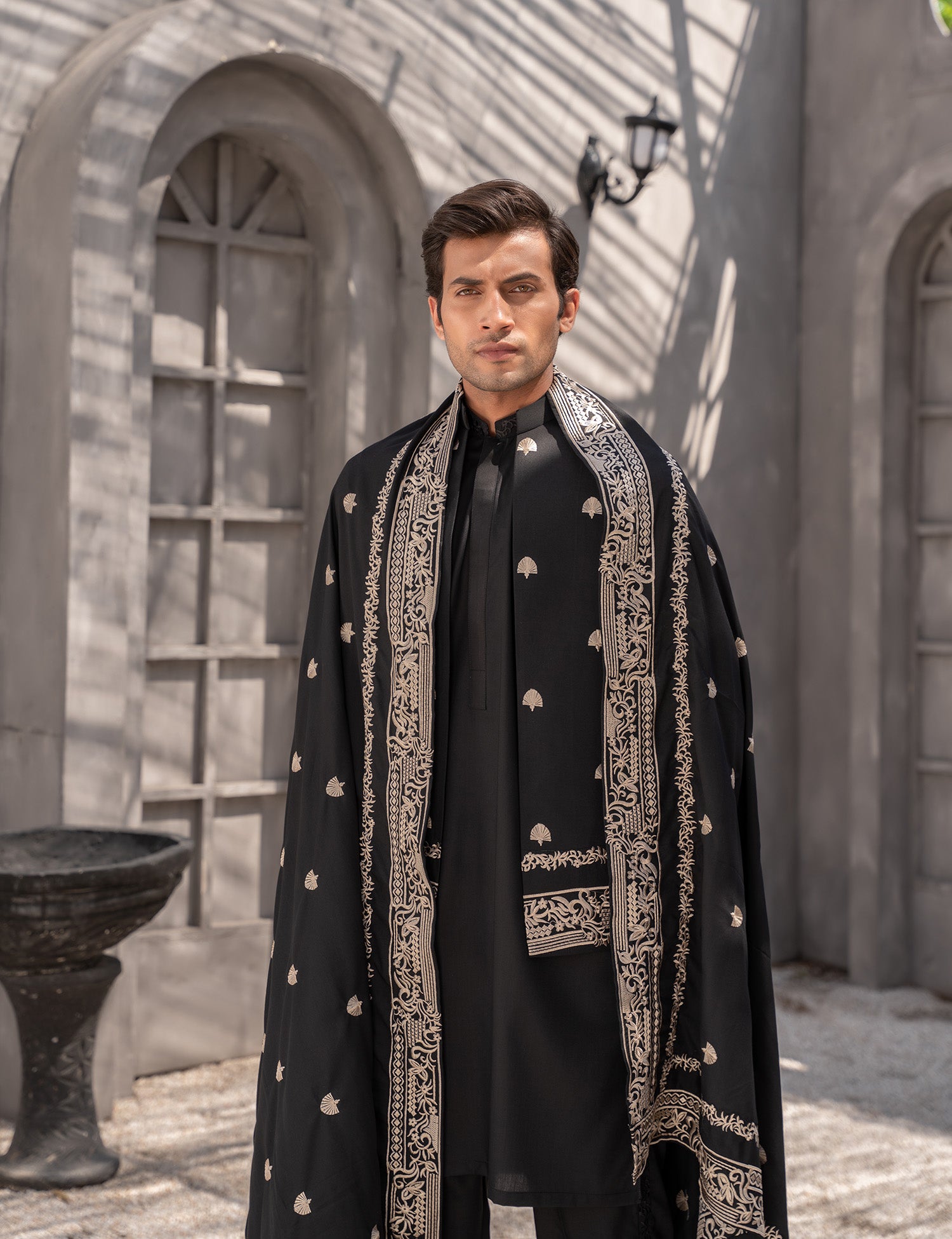 Black Embroidered Wool Shawl with Ornate Borders (3-Piece) - Image 2