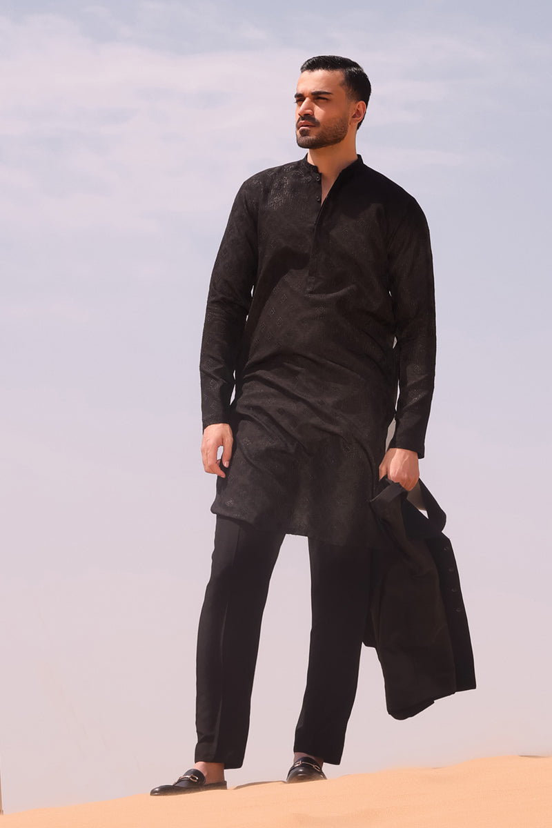 Black Chikankari Embroidered Raw Silk Kurta (2-Piece) - Image 1