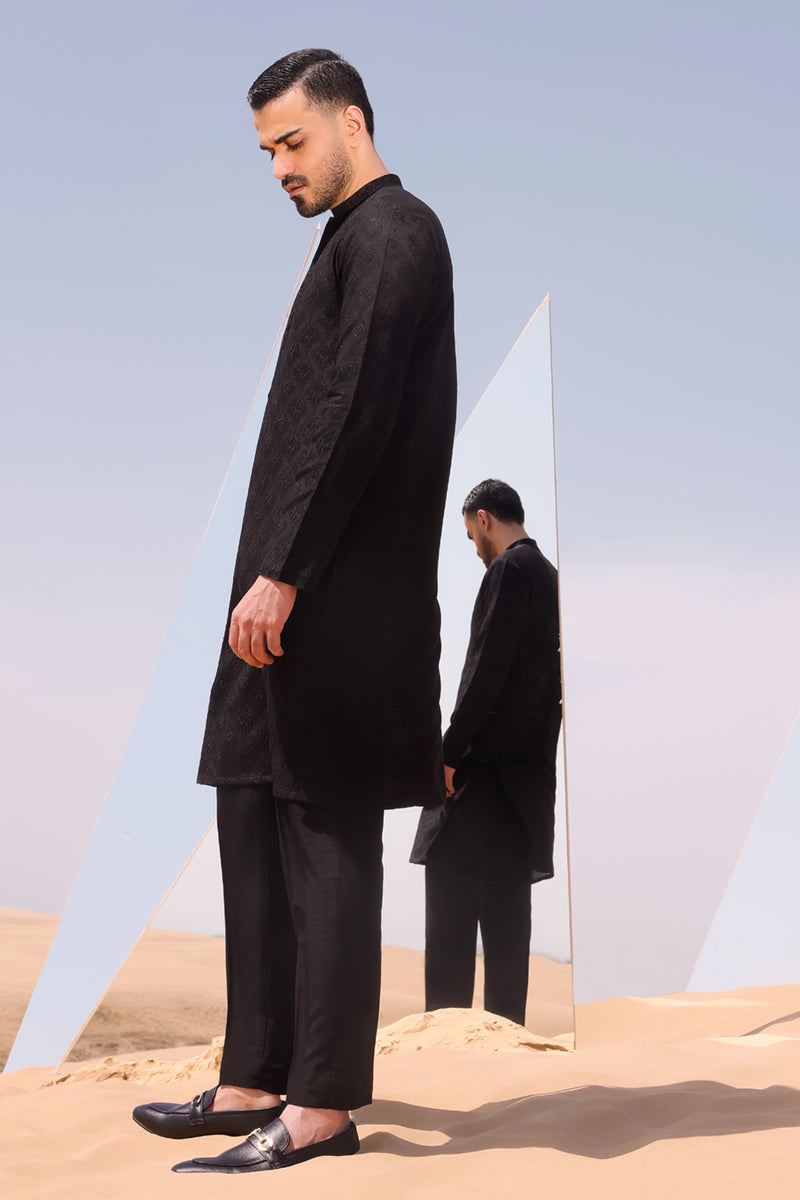 Black Chikankari Embroidered Raw Silk Kurta (2-Piece) - Image 5