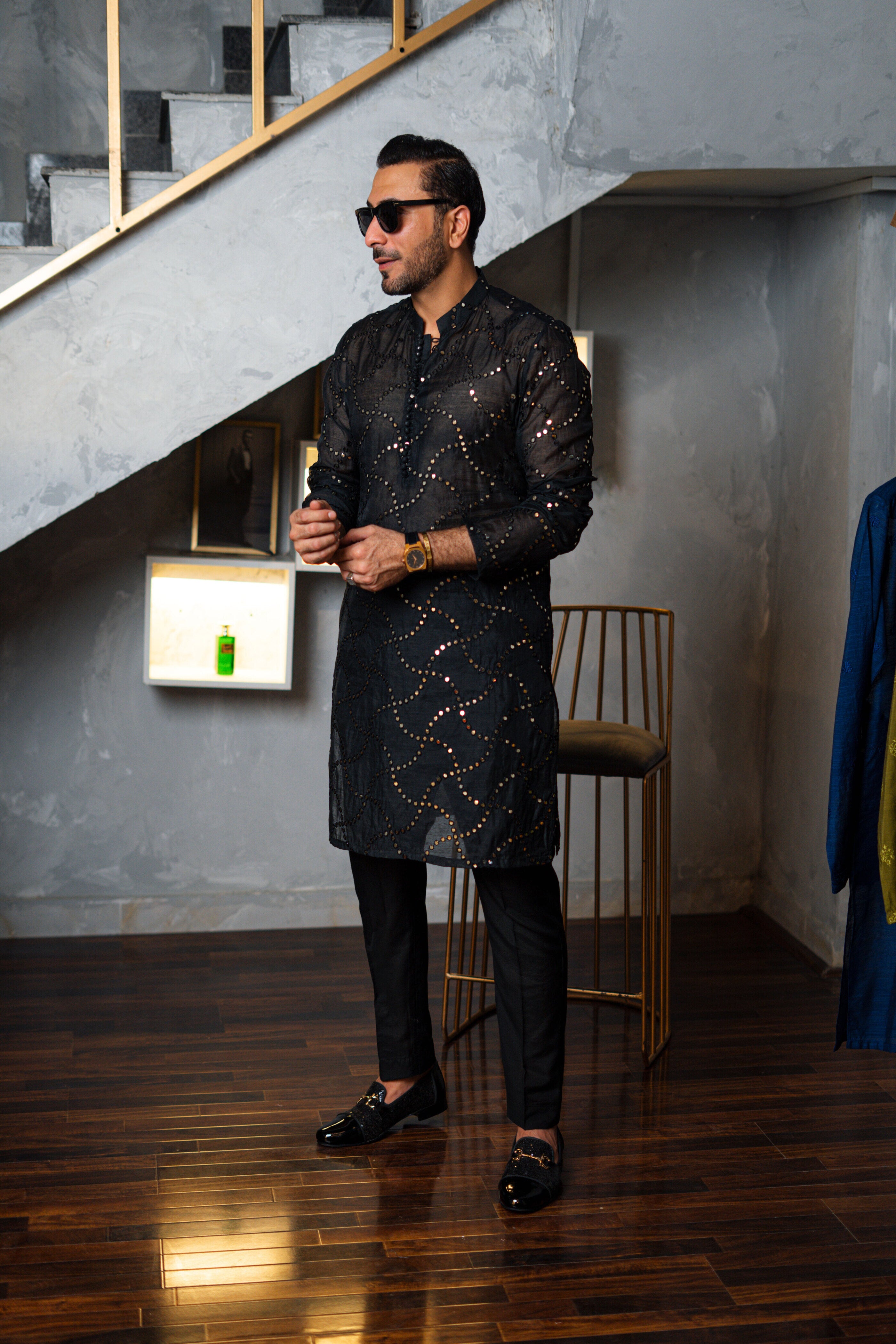 Black Mirror Work Self-Embossed Kurta (2-Piece) - Image 2