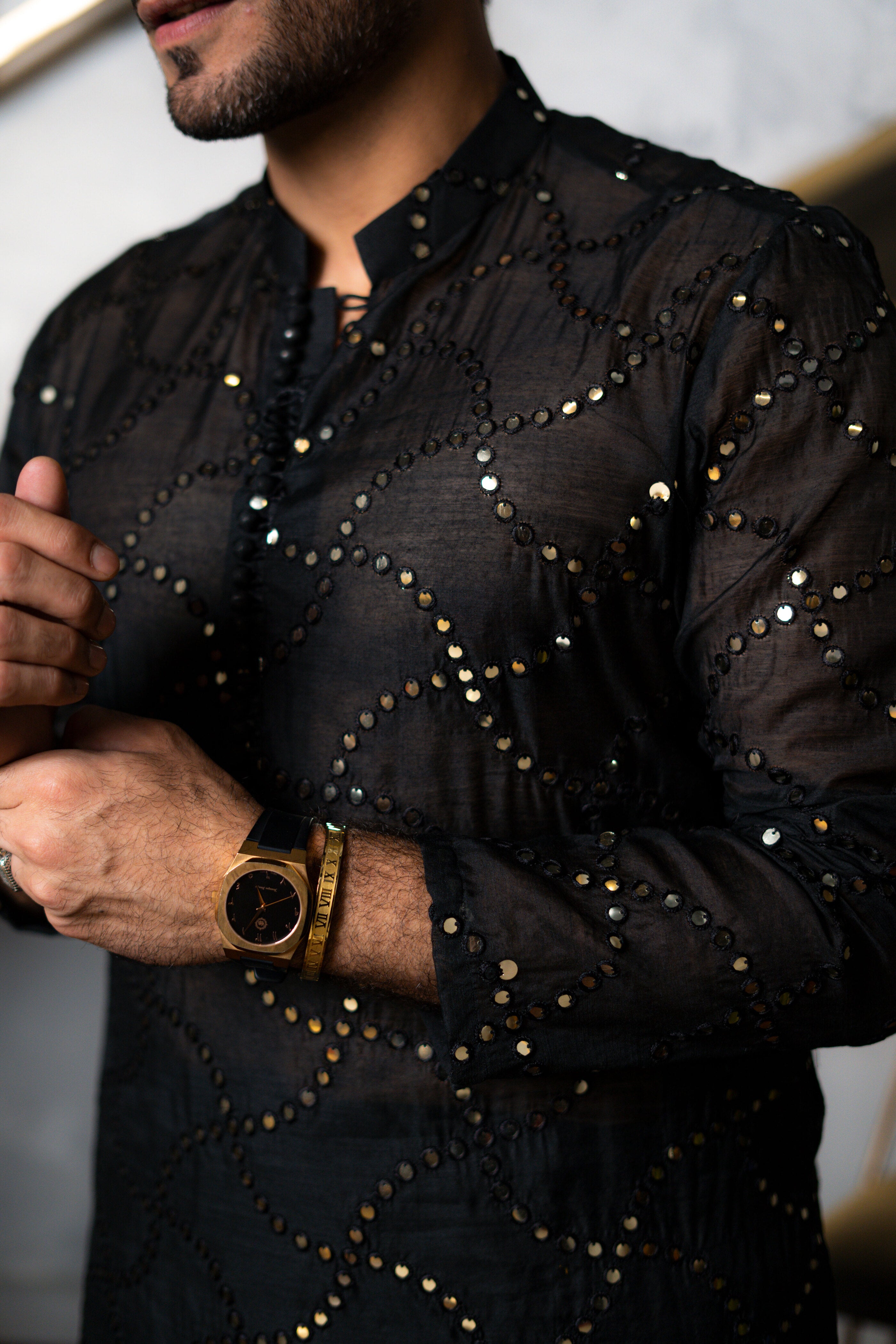 Black Mirror Work Self-Embossed Kurta (2-Piece) - Image 3