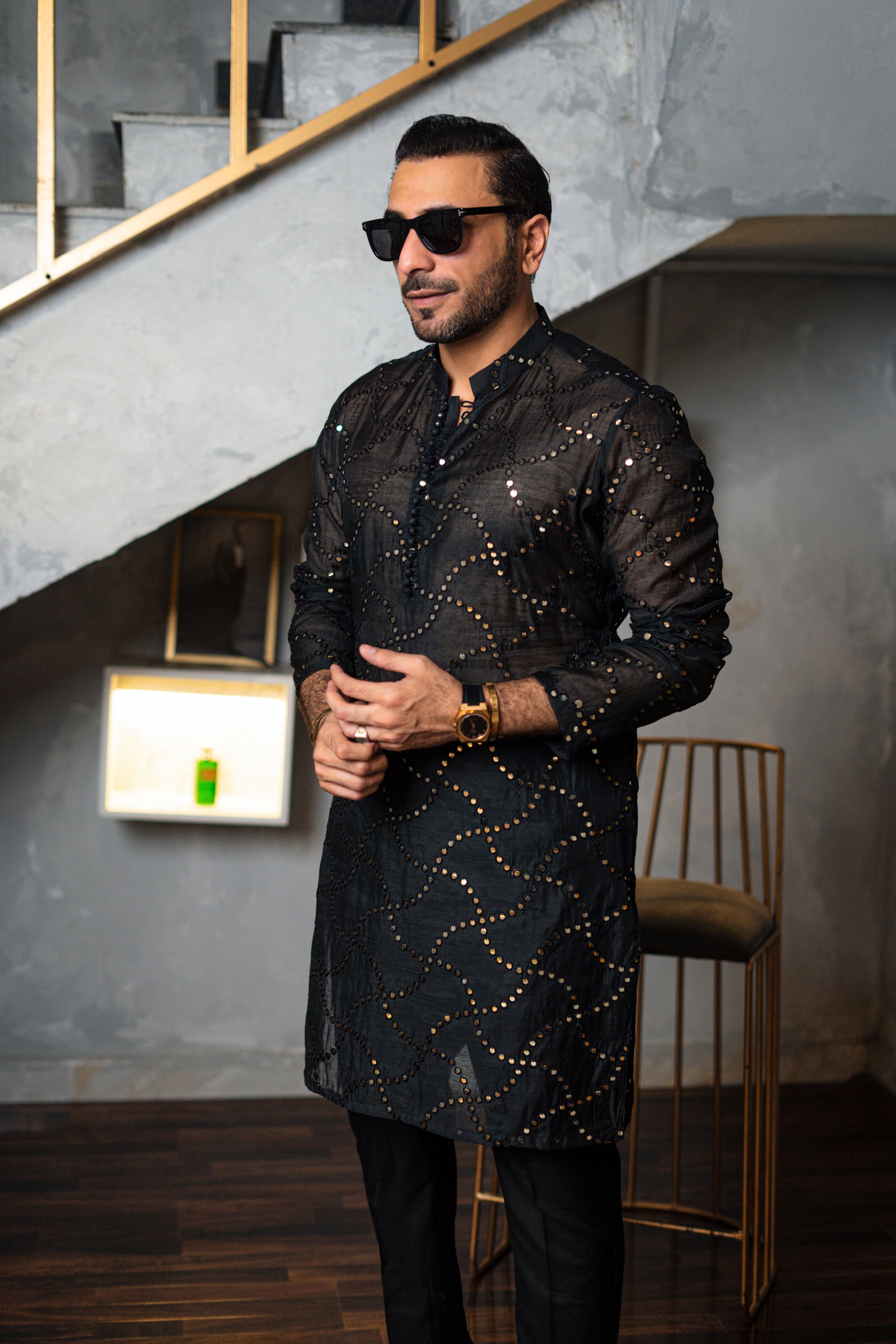 Black Mirror Work Self-Embossed Kurta (2-Piece) - Image 5