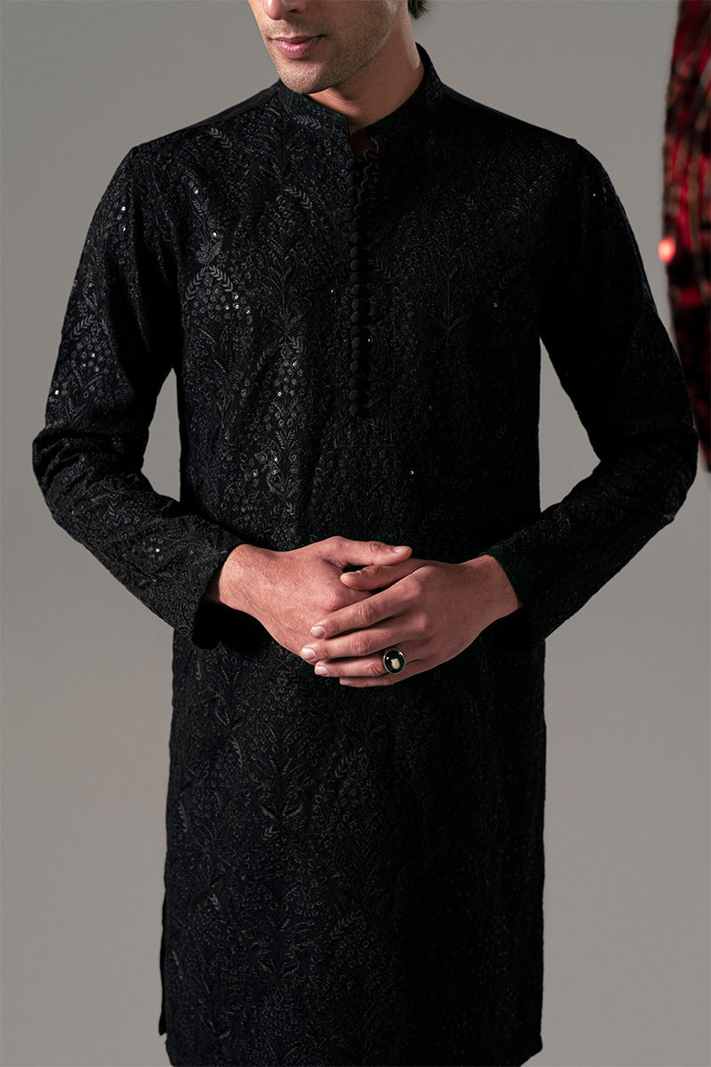 Black Sequinned Paisley Silk-Blend Kurta Pajama (2-Piece) - Image 2