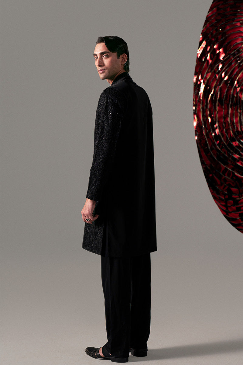 Black Sequinned Paisley Silk-Blend Kurta Pajama (2-Piece) - Image 6