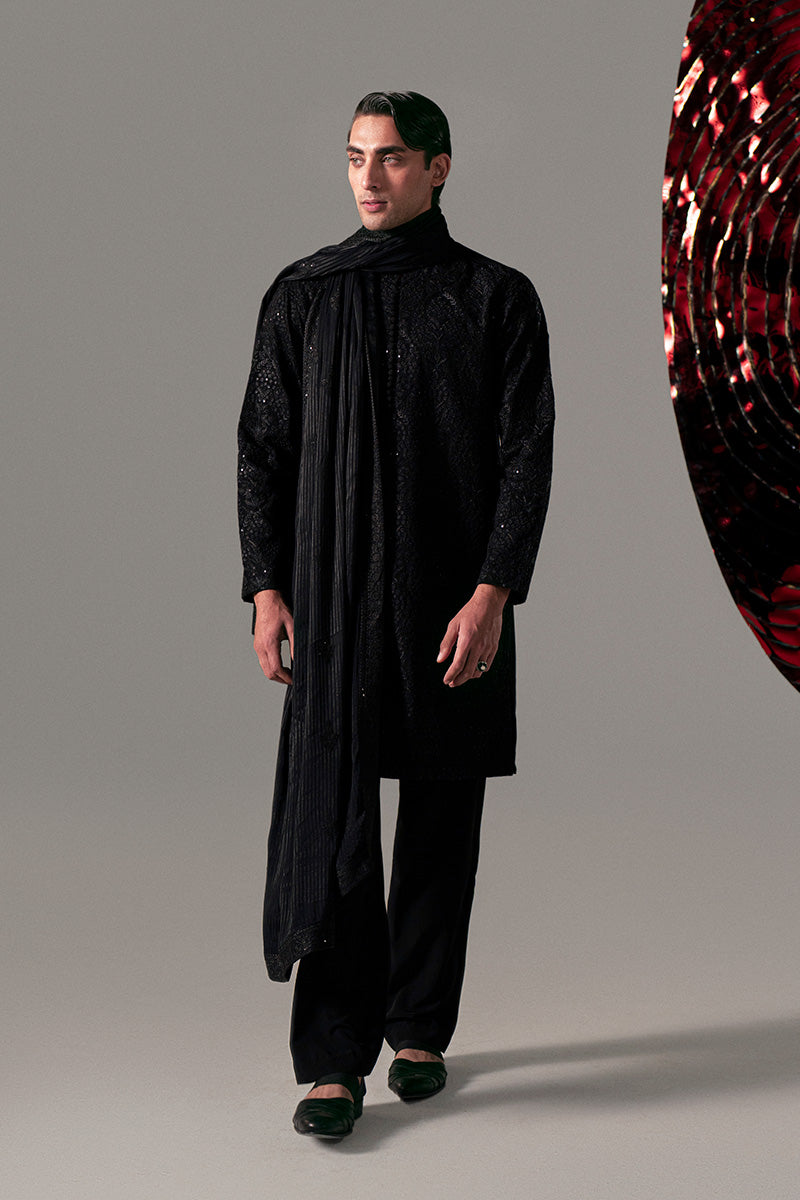 Black Sequinned Paisley Silk-Blend Kurta Pajama (2-Piece) - Image 8