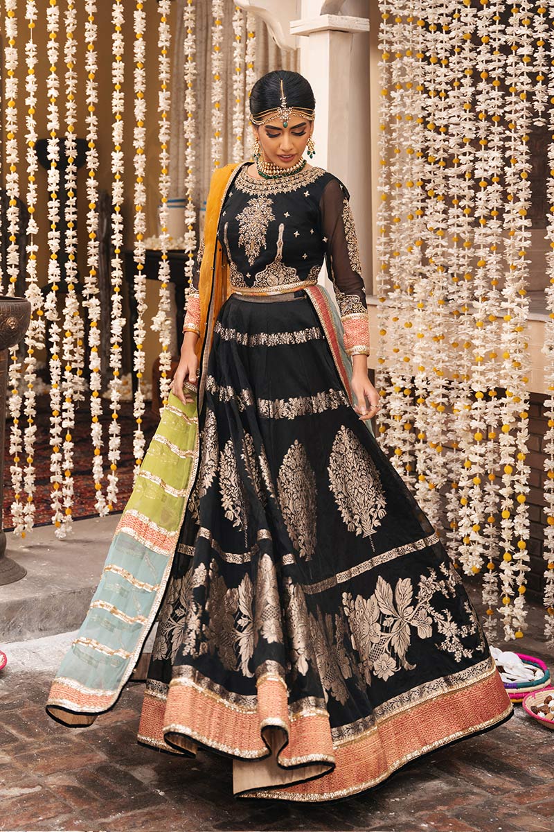 Pakistani Black Zardozi Banarasi Organza Lehenga Choli (3-Piece) - Image 5