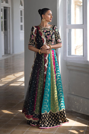 Black Embroidered Silk Choli with Banarsi Lehenga (3-Piece) - Image 1