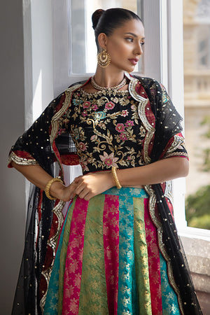 Black Embroidered Silk Choli with Banarsi Lehenga (3-Piece) - Image 3