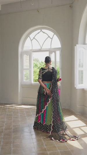 Black Embroidered Silk Choli with Banarsi Lehenga (3-Piece) - Image 6