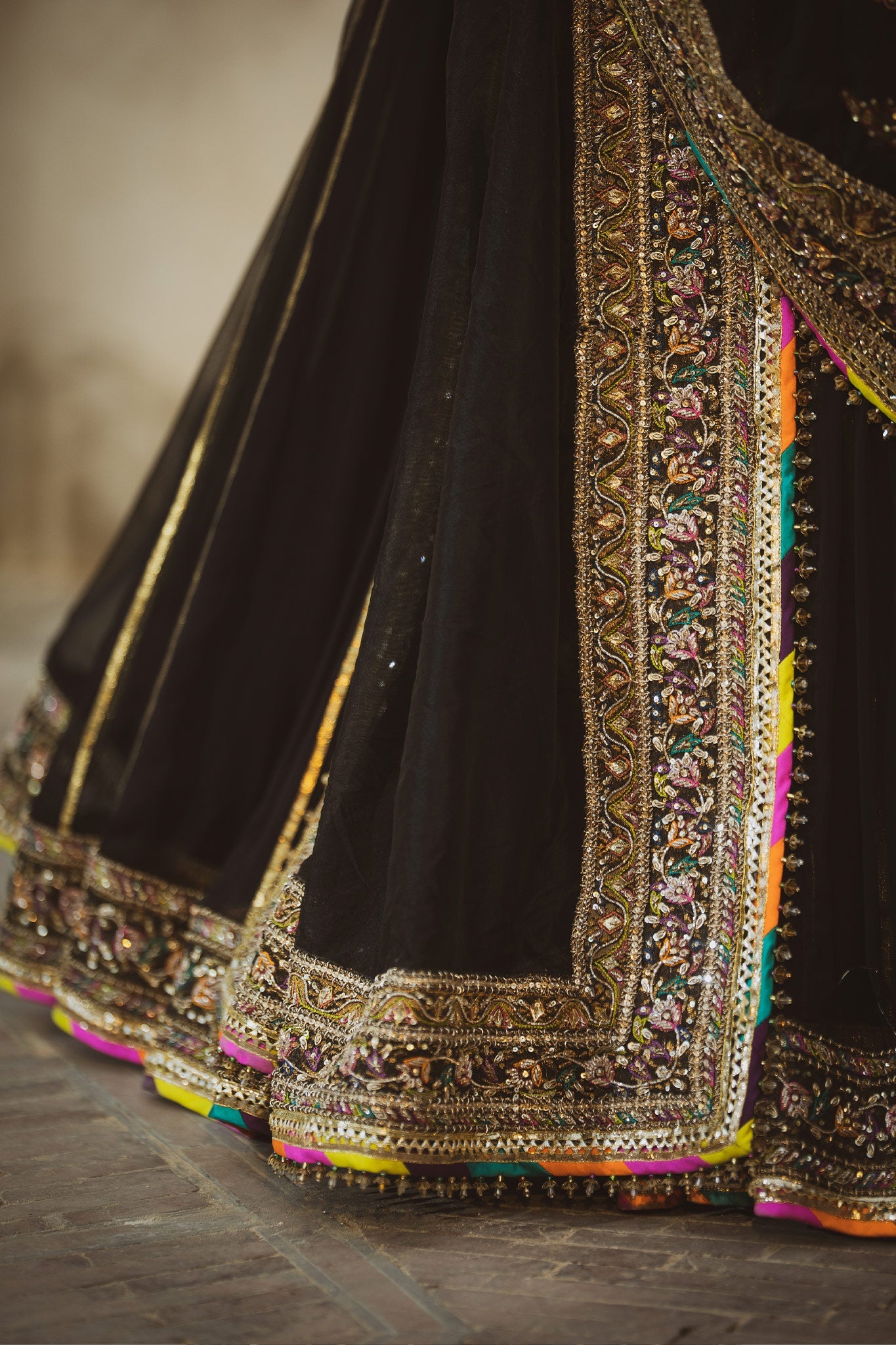 Pakistani Black Zardozi Pure Chiffon Bridal Lehenga (3-Piece) - Image 10