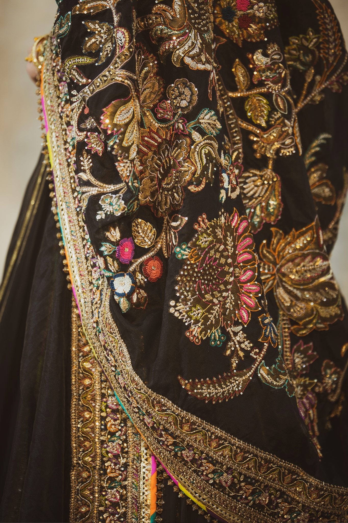 Pakistani Black Zardozi Pure Chiffon Bridal Lehenga (3-Piece) - Image 12