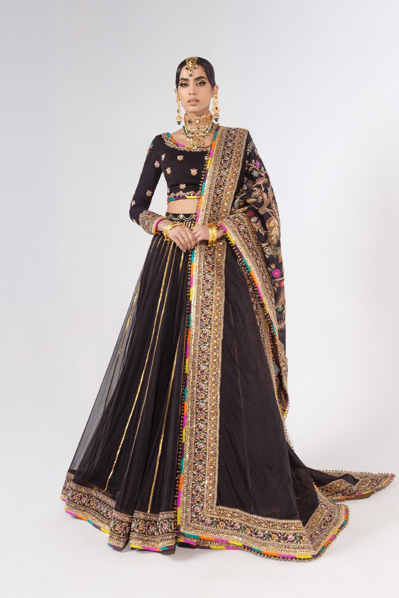 Pakistani Black Zardozi Pure Chiffon Bridal Lehenga (3-Piece) - Image 5
