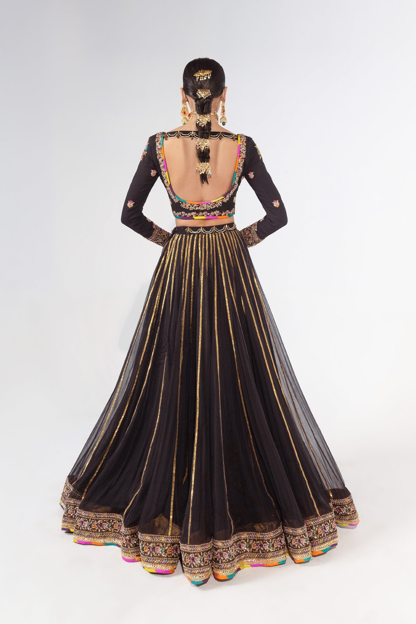 Pakistani Black Zardozi Pure Chiffon Bridal Lehenga (3-Piece) - Image 6