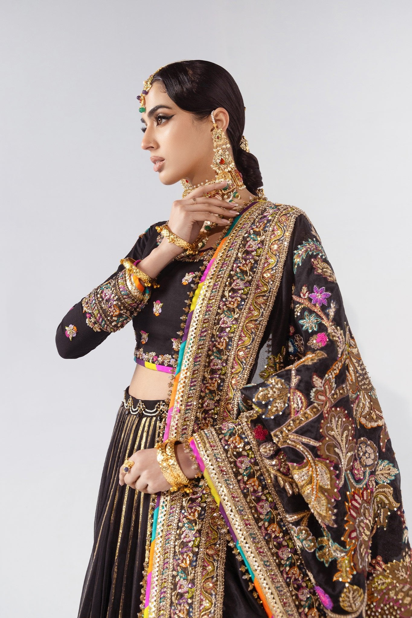 Pakistani Black Zardozi Pure Chiffon Bridal Lehenga (3-Piece) - Image 9