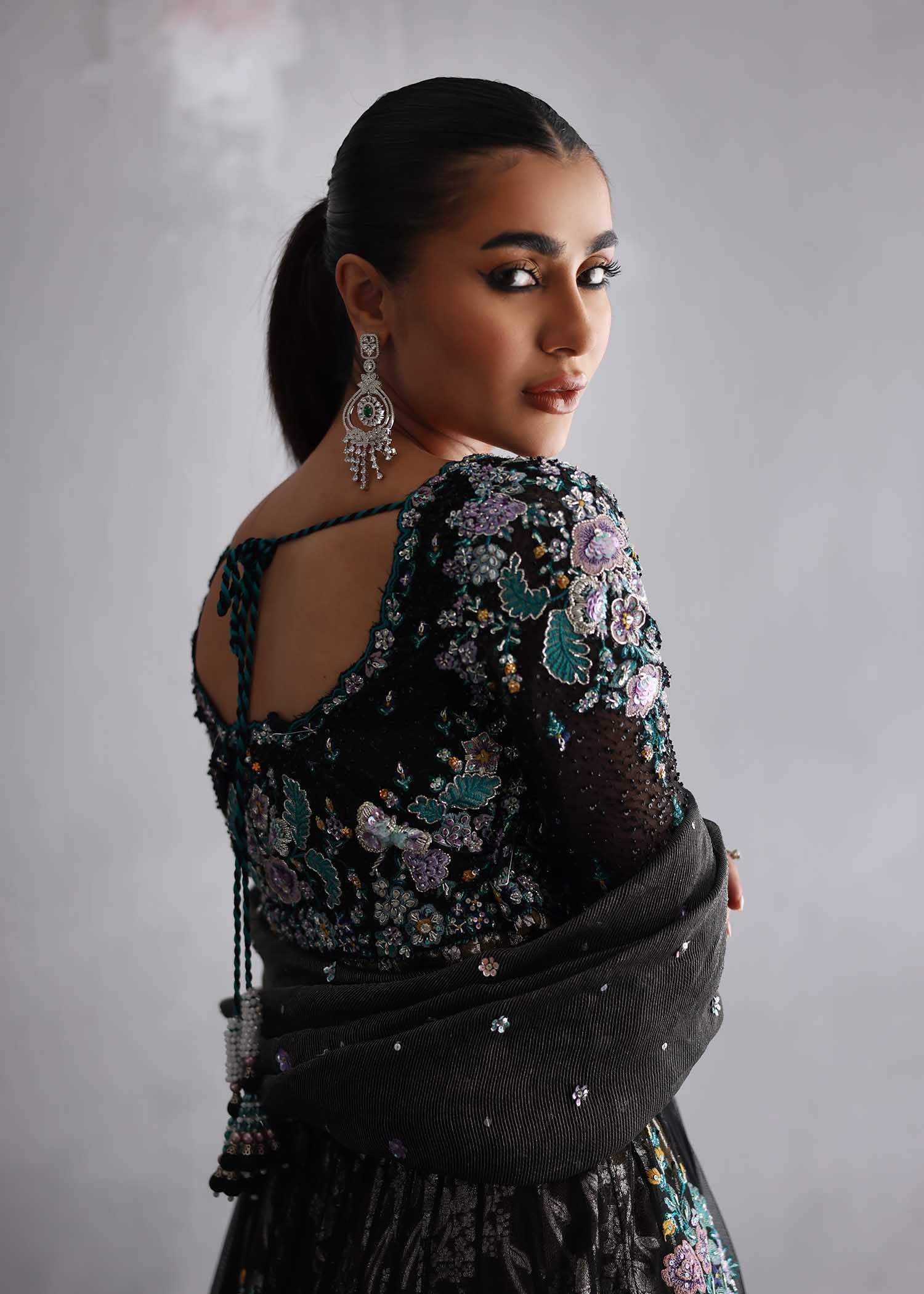 Black Embroidered French Net Choli Lehenga (3-Piece) - Image 2