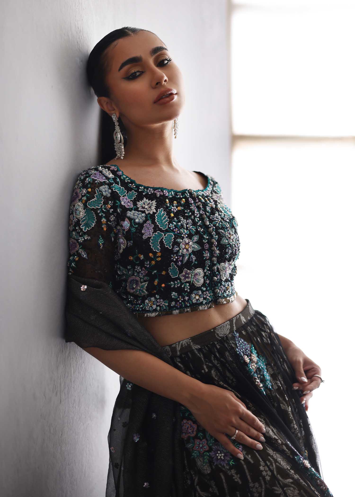 Black Embroidered French Net Choli Lehenga (3-Piece) - Image 3