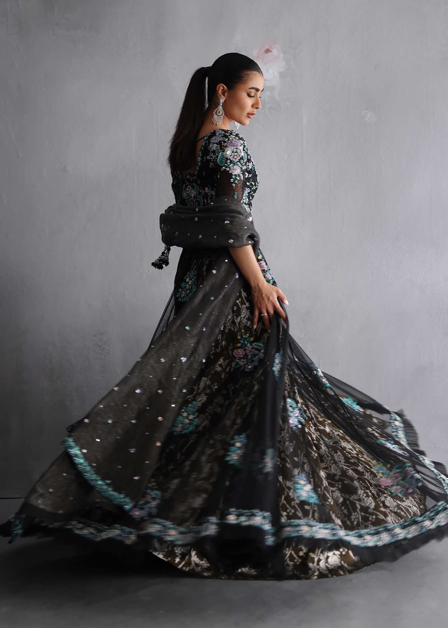 Black Embroidered French Net Choli Lehenga (3-Piece) - Image 4