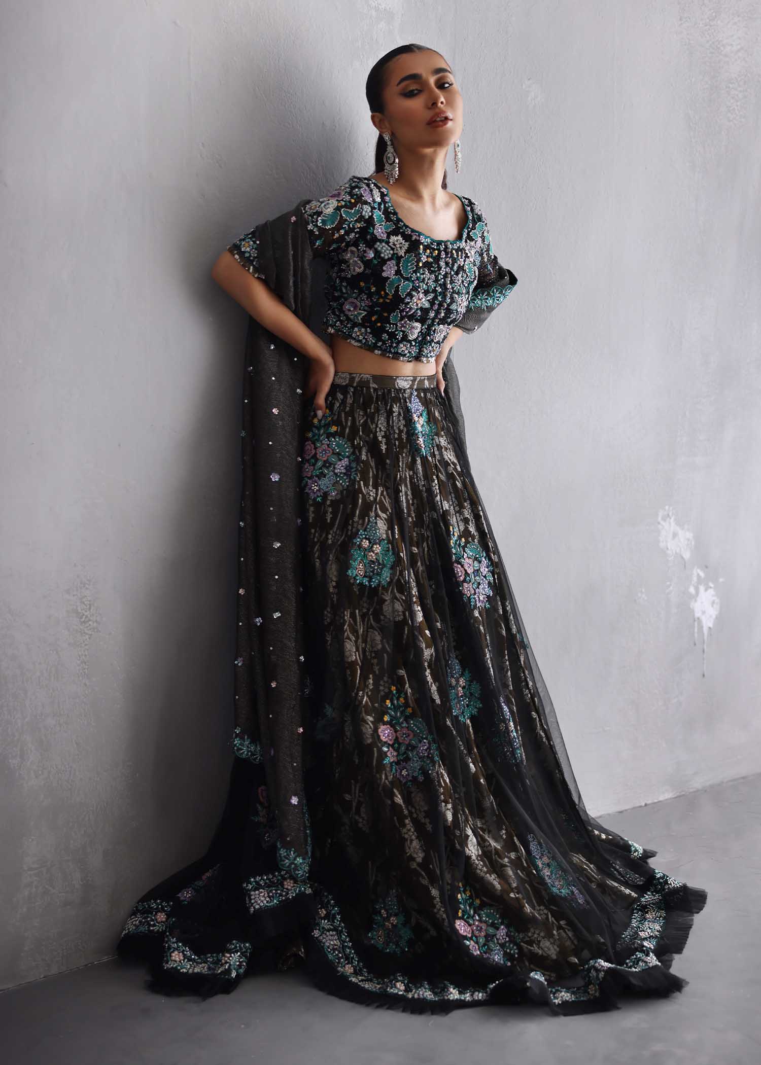 Black Embroidered French Net Choli Lehenga (3-Piece) - Image 5