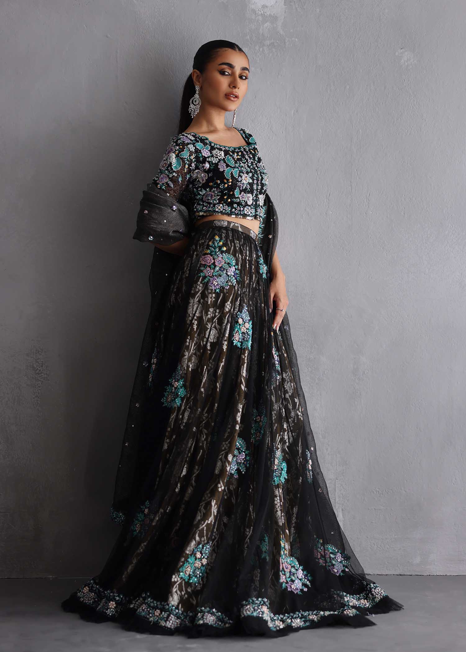 Black Embroidered French Net Choli Lehenga (3-Piece) - Image 6