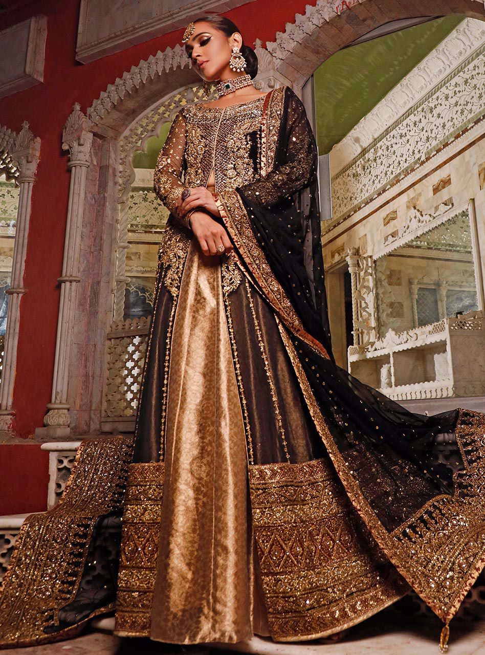 Pakistani Black & Gold Embroidered Net Bridal Lehenga (3-Piece) - Image 2