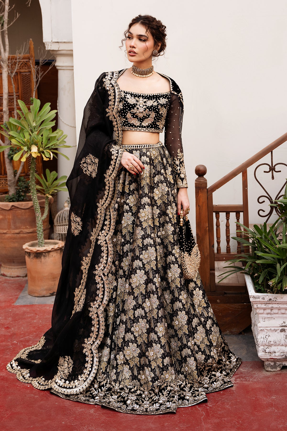 Black Zardozi Jamawar & Velvet Lehenga Choli (3-Piece) - Image 1