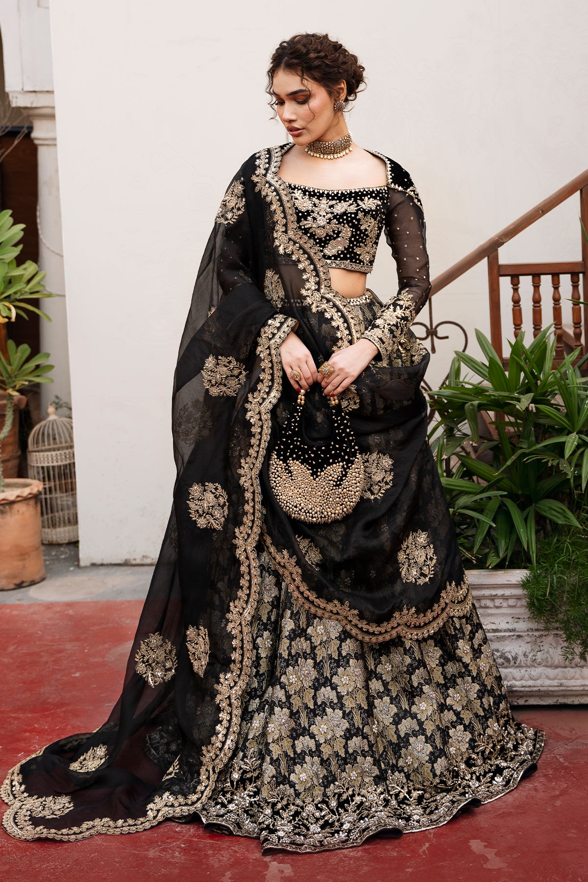 Black Zardozi Jamawar & Velvet Lehenga Choli (3-Piece) - Image 4