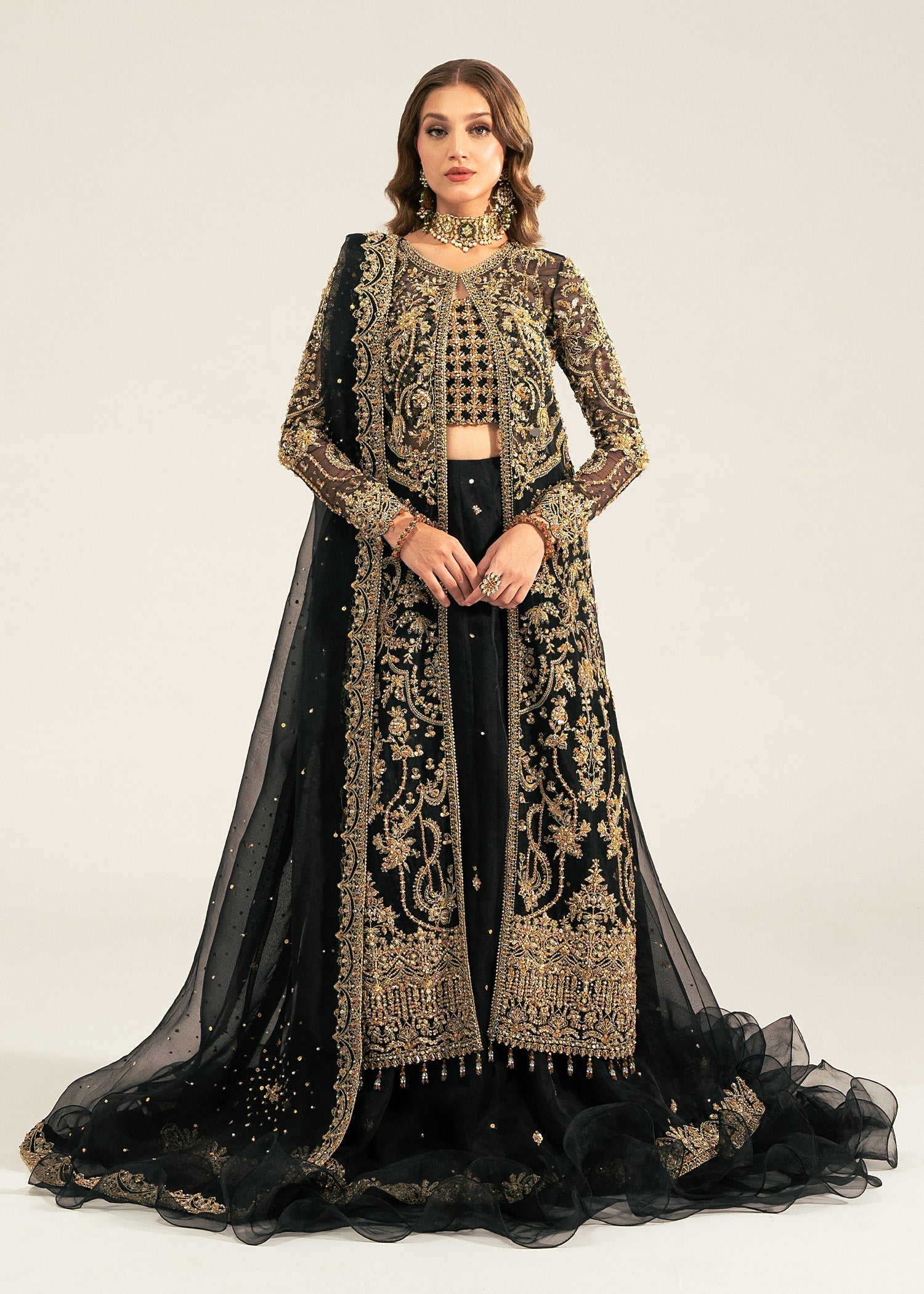 Black Embellished Kathan Organza Lehenga Set (3-Piece) - Image 1