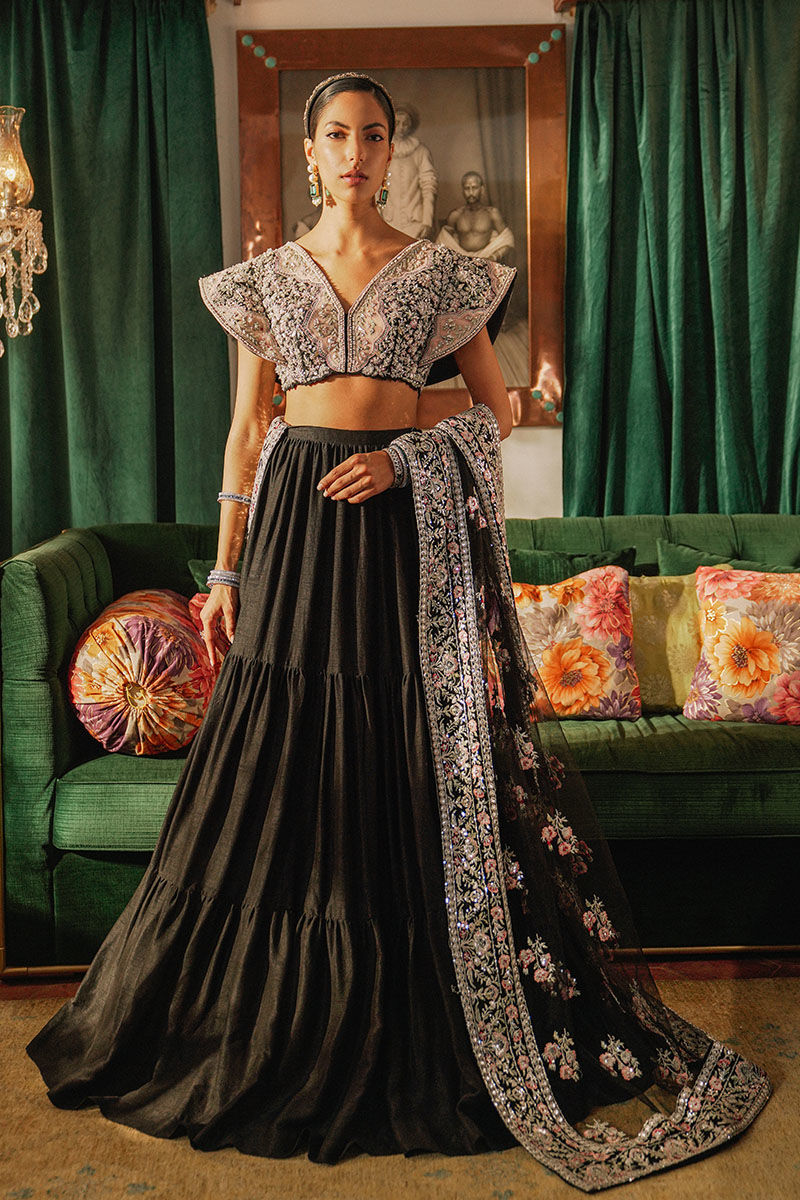 Pakistani Black Embroidered Khaddi Net Lehnga Choli (3-Piece) - Image 1