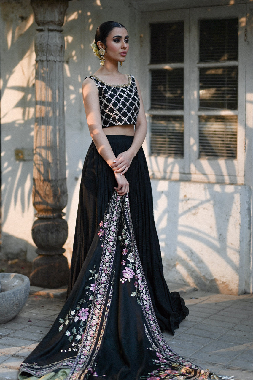 Pakistani Black Embroidered Khaddi Silk Lehenga (3-Piece) - Image 1